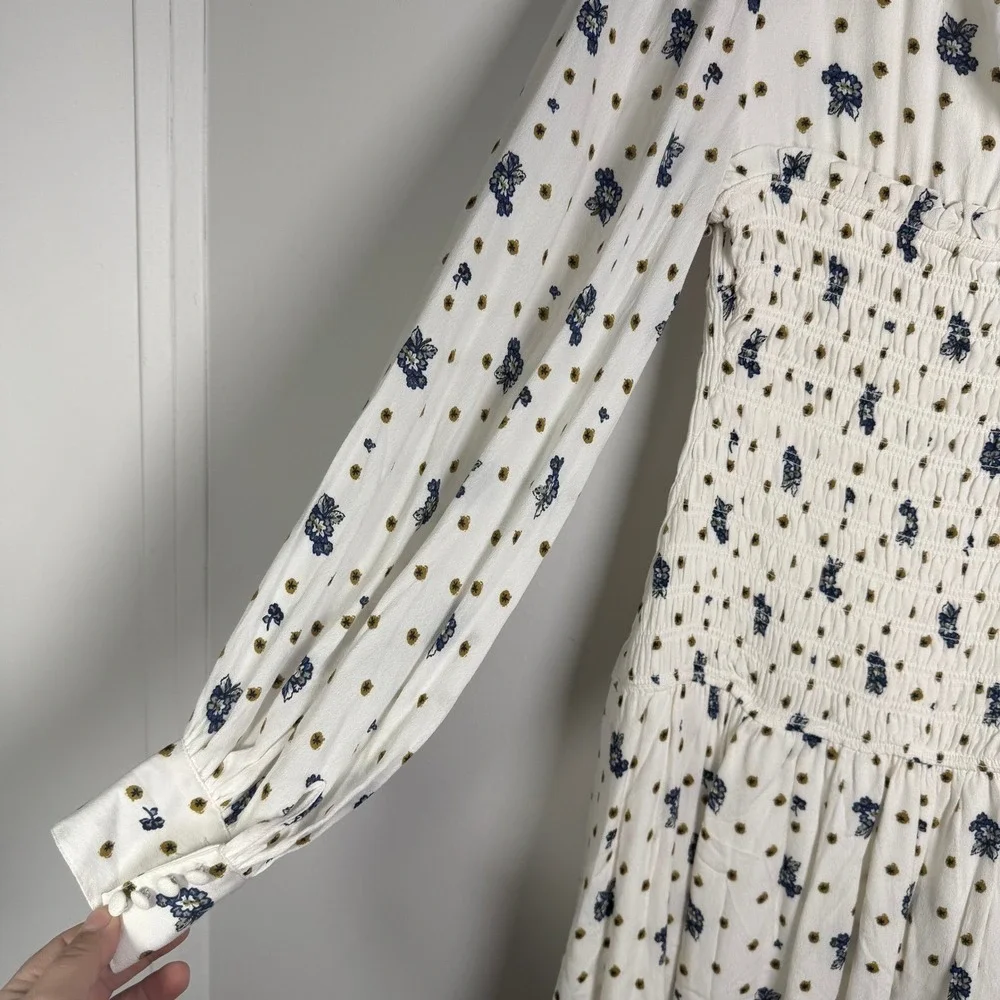 Free People‎ Two Faces Mini Dress XS White Floral Long Sleeve Boho Cottagecore